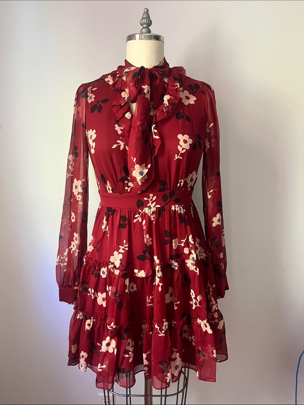 kate spade Red Silk Chiffon Floral Tie-Neck Ruffle Long Sleeve Dress